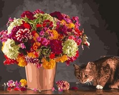 Купити Картина за номерами без коробки. Кіт і букет квітів  в Україні