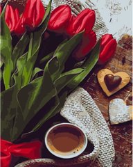 Купить Картина по номерам Красные тюльпаны с кофе  в Украине