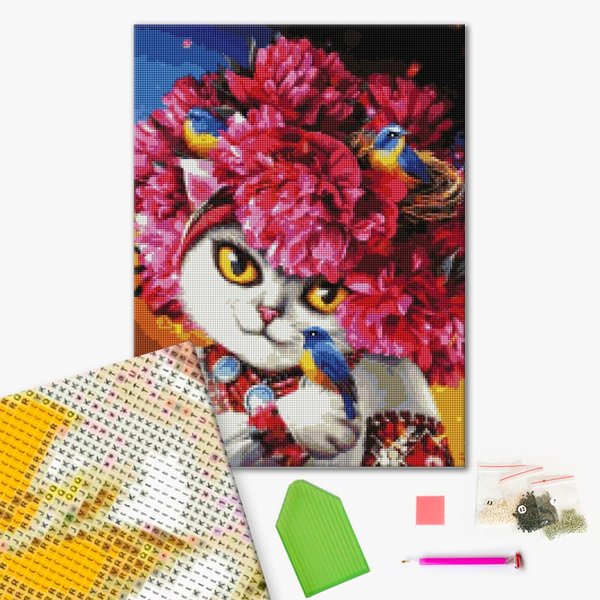 Купить Алмазная мозаика Цветущая кошка (На подрамнике, 40х50 см, квадратные камушки)  в Украине