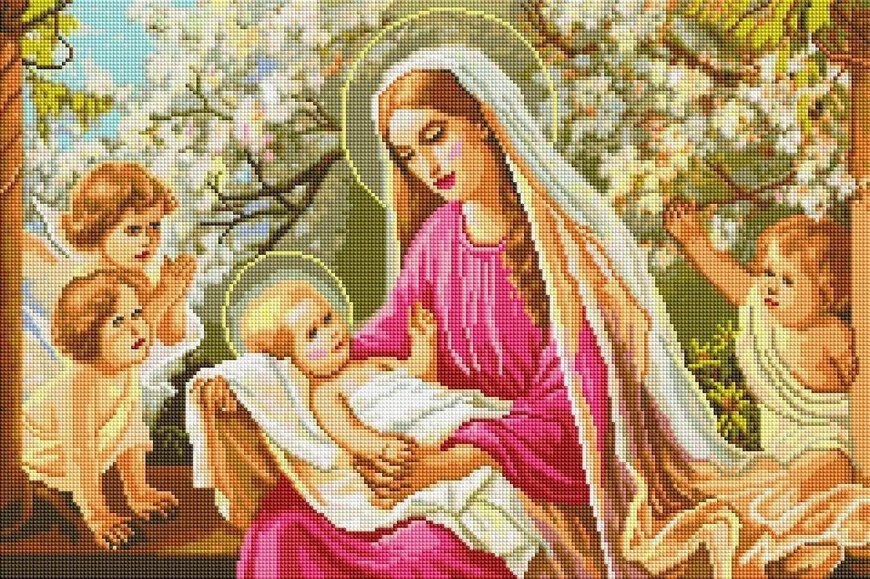 Купить Набор алмазной мозаики 40х60 см. "Дева Мария с Иисусом в яблоневом саду" с голограммными камешками  в Украине
