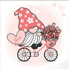 Купити Алмазна картина на підрамнику, набір для творчості. Гномик з квітами на велосипеді розміром 30х30 см (круглі камінчики)  в Україні