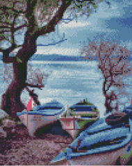Купить Алмазная мозаика на подрамнике. Лодки на берегу (30 х 40 см, круглыми камешками)  в Украине