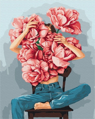 Купити Набір алмазної мозаїки 40х50 см. Дівчина у рожевих квітах (мозаїка за номерами на полотні) квадратні камінчики, повна викладка полотна  в Україні
