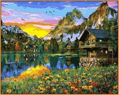 Купить Картина по номерам Premium-качества. Деревня у горного озера  в Украине