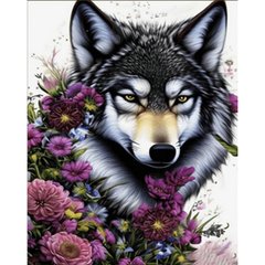 Купить Алмазная картина на подрамнике, набор для творчества. Волк в цветочках размером 30х40 см (квадратные камешки)  в Украине