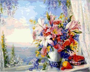 Купить Картина по номерам Premium-качества. Лилии на окне с видом на море  в Украине