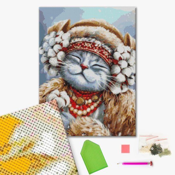 Купить Алмазная мозаика Котик зима (На подрамнике, 40х50 см, квадратные камушки)  в Украине