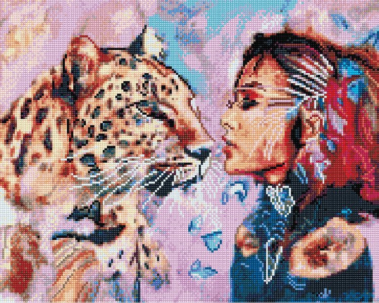 Купити Алмазна мозаїка за номерами (на підрамнику). Дівчина з леопардом  в Україні