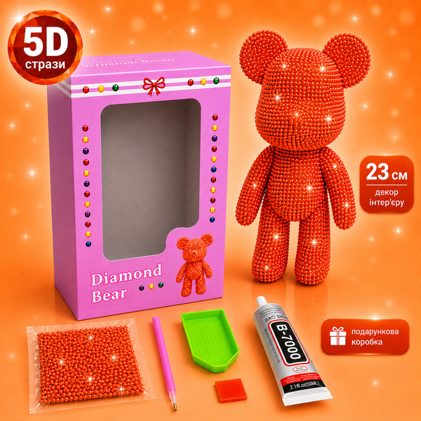 Алмазный мишка 23 см, фигурка из алмазной мозаики 5D красного цвета