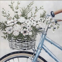 Купити Алмазна картина на підрамнику, набір для творчості. Велосипед з квітами у кошику розміром 30х30 см (круглі камінчики)  в Україні