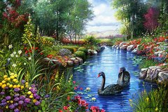 Купити Картина з мозаїки. Пара чорних лебедів  в Україні