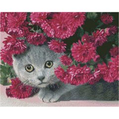Купити Алмазна мозаїка. Котик під квітами (40 х 50 см, набір для творчості, картина стразами)  в Україні