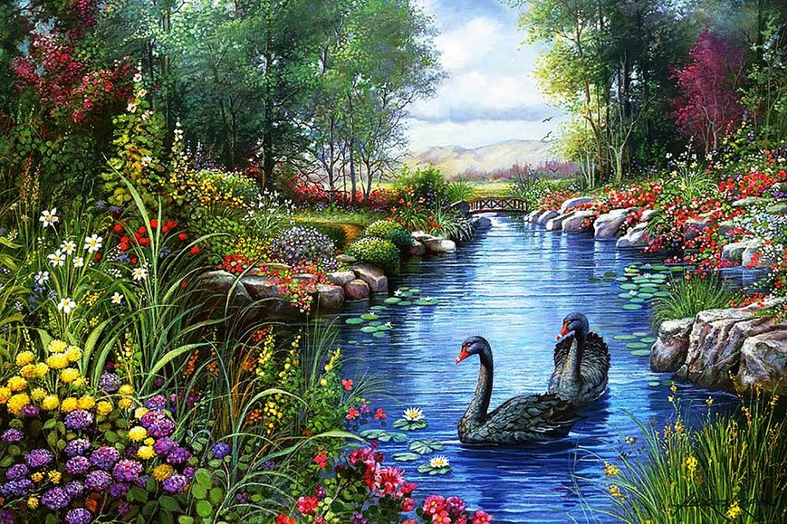 Купити Картина з мозаїки. Пара чорних лебедів  в Україні