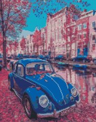 Купити Алмазна мозаїка круглими камінчиками. Синій автомобіль в рожевому цвіті (на підрамнику, 40 х 50 см)  в Україні