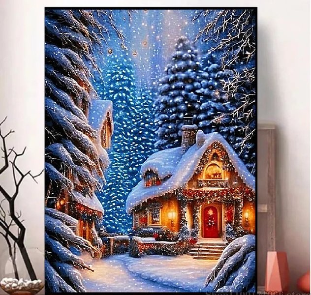 Купити Алмазна мозаїка. Будиночок в зимовому лісі 40 х 50 см  в Україні