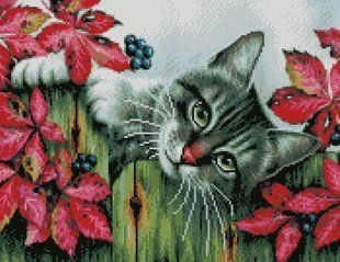 Купить Алмазная мозаика на подрамнику круглыми камушками. Кот в виноградной лозе 40 x 50 см  в Украине