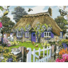 Купити Алмазная мозаїка на підрамнику. Будиночок у квітках (круглими камінчиками, 30х40 см)  в Україні