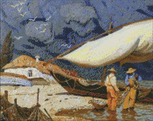 Купить Алмазная мозаика, набор круглыми камешками на подрамнике "Рыбаки" 40х50см  в Украине