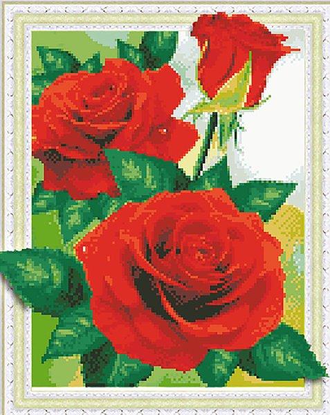 Купити Алмазна мозаїка по номерам круглими камінчиками. Червоні дикі троянди (на підрамнику)  в Україні