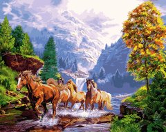 Купить Картина по номерам Premium-качества. Лошади на берегу горного озера  в Украине