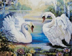 Купити Алмазна мозаїка на підрамника круглими камінчиками. Пара білих лебедів 40 x 50 см  в Україні