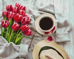 Купити Алмазна мозаїка на підрамнику 40 х 50 см. Чашка кави та рожеві тюльпани (Набір для творчості)  в Україні