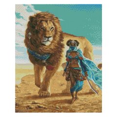 Купить Алмазная мозаика на подрамнику круглыми камушками. Девушка со львом 40 x 50 см  в Украине