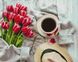 Алмазная мозаика на подрамнике 40 х 50 см. Чашка кофе и розовые тюльпаны (Набор для творчества), С подрамником, 40 x 50 см