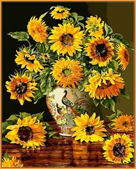 Купити Картина за номерами Premium-якості. Соняшники у вазі з павичами (в рамі)  в Україні