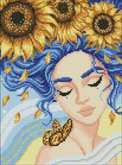 Купить Алмазная мозаика на подрамнике, круглыми камешками "Девушка с подсолнухами" с голограммными стразами 30х40см  в Украине