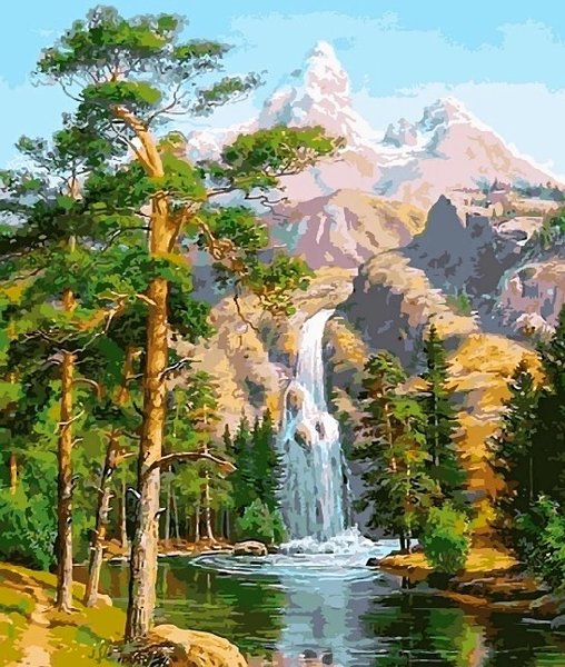 Купить Алмазная мозаика на подрамнике. Величественные горы и водопад  в Украине