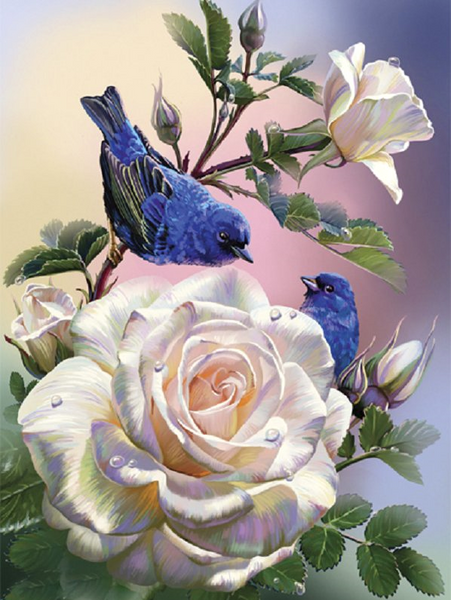 Купить Набор алмазной мозаики. Синие птички на розах (30х40см, квадратные камешки, полная выкладка полотна) выкладка алмазами по номерам  в Украине
