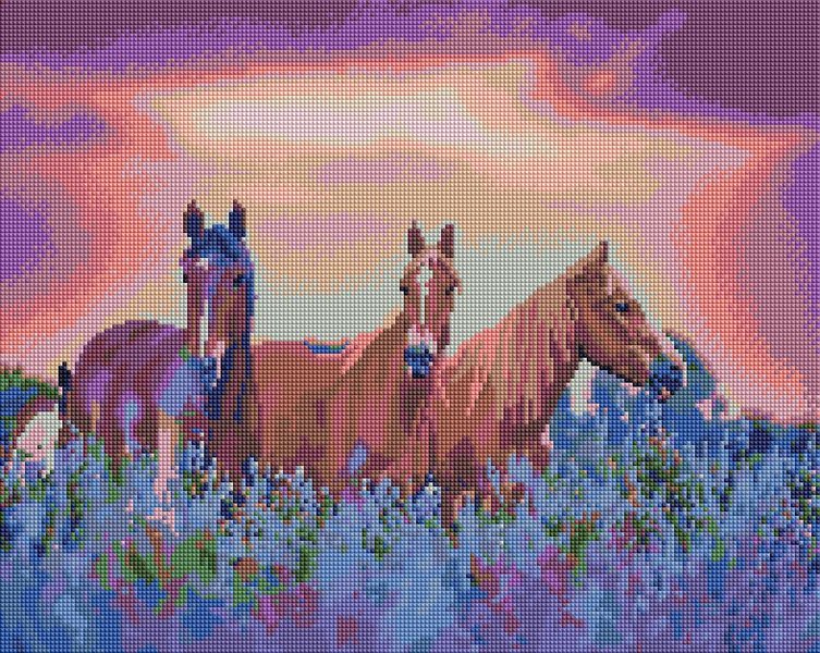 Купить Алмазная мозаика на подрамнике. Лошади на цветочном поле (40 x 50 см)  в Украине
