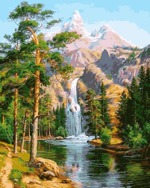Купити Картина за номерами Premium-якості. Водоспад в сосновому лісі  в Україні