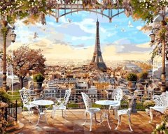 Купить Картина по номерам Premium-качества. Кафе с видом на Эйфелеву башню (в раме)  в Украине