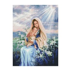 Купити Алмазная мозаїка на підрамнику. Марія з Ісусом в ліліях (круглими камінчиками, 30х40 см)  в Україні