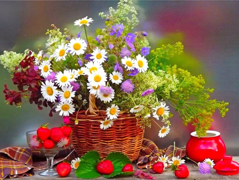 Купить Алмазная мозаика на подрамнике. Букет полевых цветов в корзине  в Украине