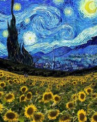Купити Алмазна мозаїка на підрамнику. Зоряна ніч з соняшниками Ван Гога (40 х 50 см, набір для творчості, картина стразами)  в Україні