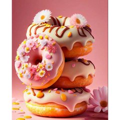 Купити Алмазна картина на підрамнику, набір для творчості. Солодкі рожеві пончики розміром 40х50 см (квадратні камінчики)  в Україні