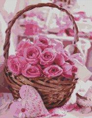 Купити Алмазна мозаїка по номерам круглими камінчиками. Кошик з рожевими трояндами (на підрамнику)  в Україні