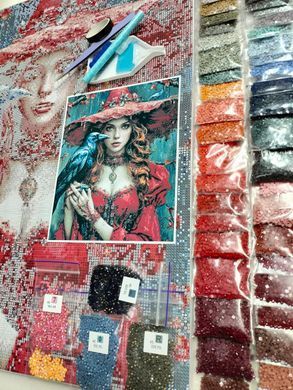 Купити Алмазна мозаїка з особливими відтінками "В червоному", 40*50см, 49 кольорів (з них 2 АВ + 2 FD + 1 GL)  в Україні