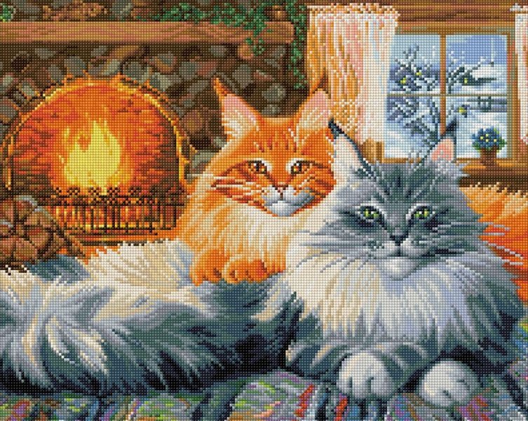 Купити Алмазна мозаїка на підрамнику. Котики біля каміна  в Україні