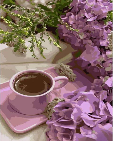 Купить Картина по номерам Фиолетовые гортензии с кофе  в Украине