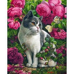 Купити Алмазна картина на підрамнику, набір для творчості. Троянди і кіт розміром 40х50 см (квадратні камінчики)  в Україні