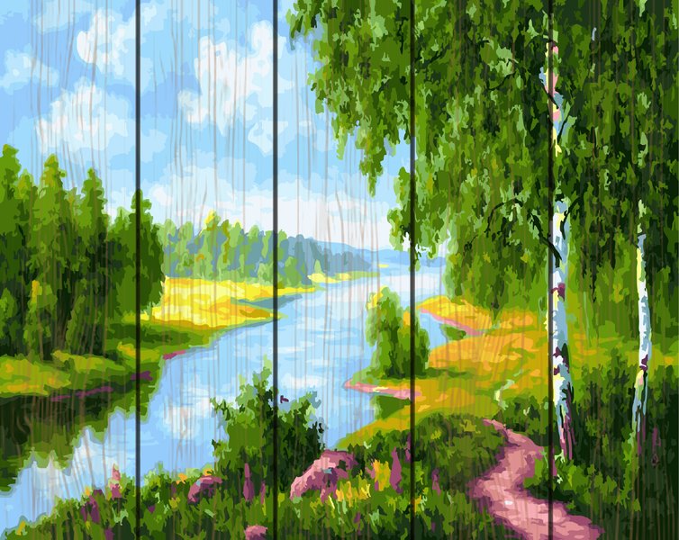 Купить Картина по номерам на дереве. Березки у реки  в Украине